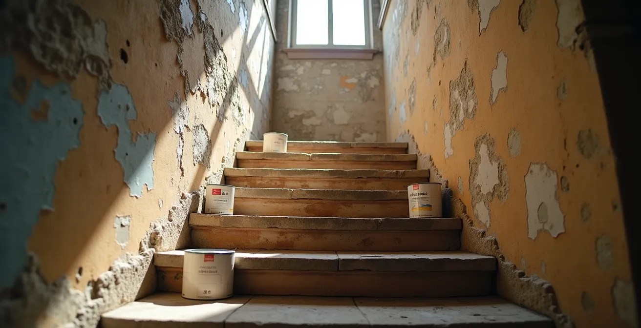 Axe Environnemental & Minimaliste : Vue d'un escalier étroit d'immeuble haussmannien avec matériaux de rénovation