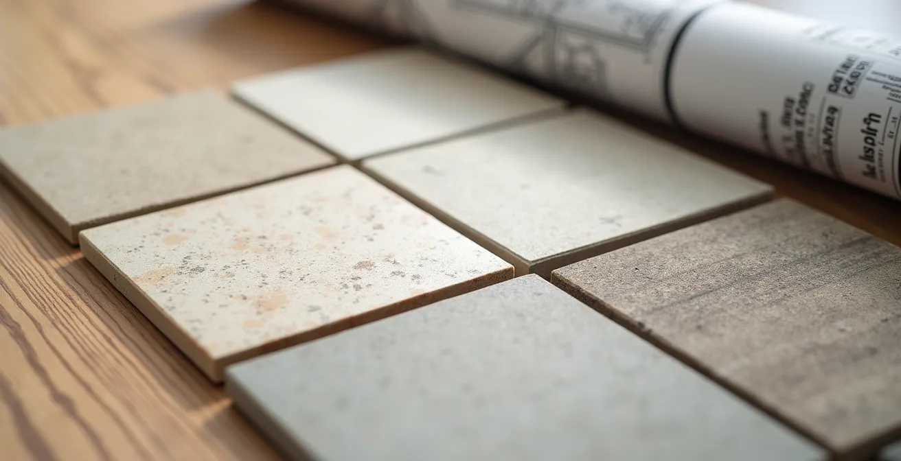 Axe Macro & Textural : Gros plan sur échantillons de carrelage et devis manuscrit