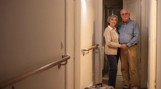 Un couple de seniors dans une maison lumineuse avec des aménagements discrets de sécurité (main courante et éclairage doux) suggérant des travaux de maintien à domicile.