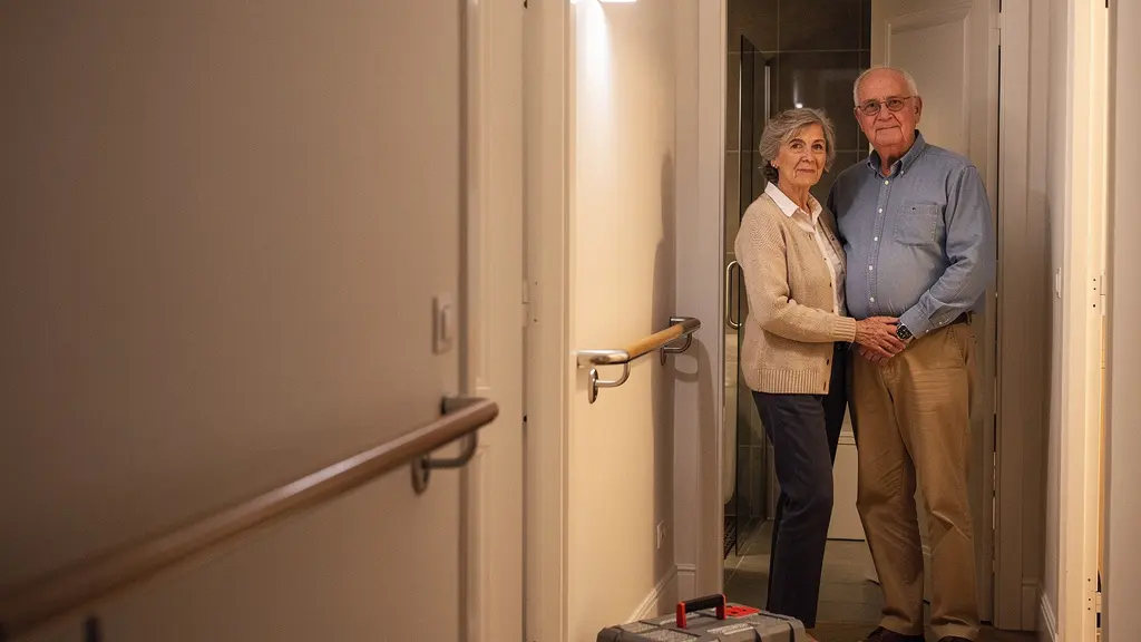 Un couple de seniors dans une maison lumineuse avec des aménagements discrets de sécurité (main courante et éclairage doux) suggérant des travaux de maintien à domicile.