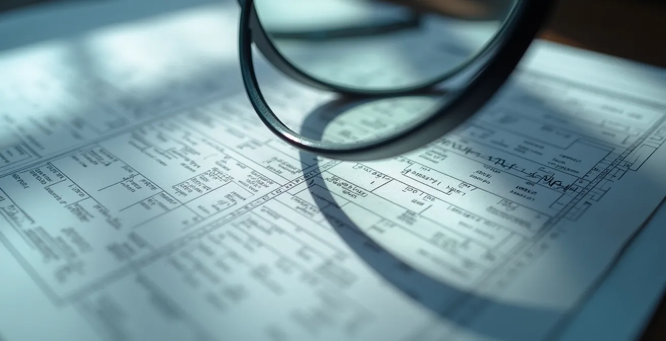 Gros plan sur documents de devis avec loupe révélant les détails importants