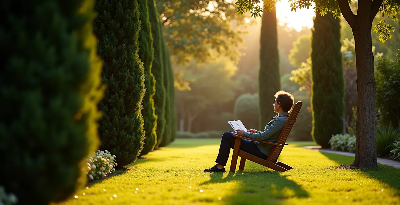 Rangée d'arbres colonnaires créant un écran végétal élégant entre deux propriétés