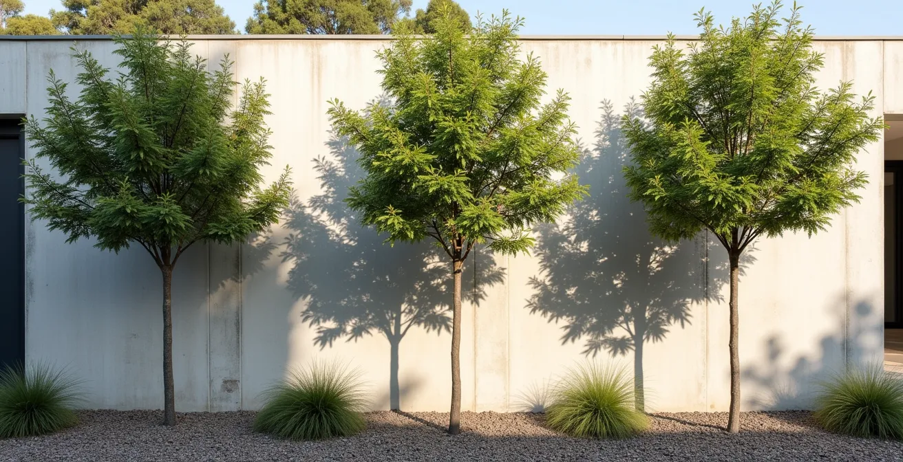 Composition paysagère avec arbres à port graphique créant un jeu d'ombres sur un mur