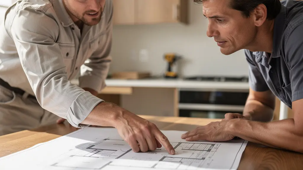 Artisan certifié RGE présentant des documents de travaux à un propriétaire dans un intérieur lumineux