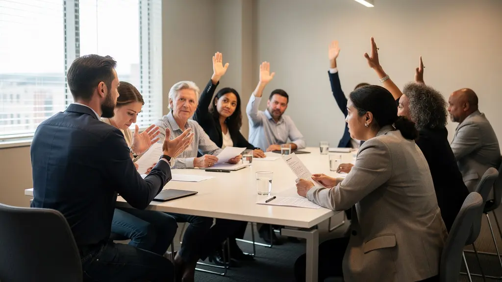 Vue d'une salle de réunion avec copropriétaires levant la main pour voter pendant une assemblée générale, documents de travaux sur la table