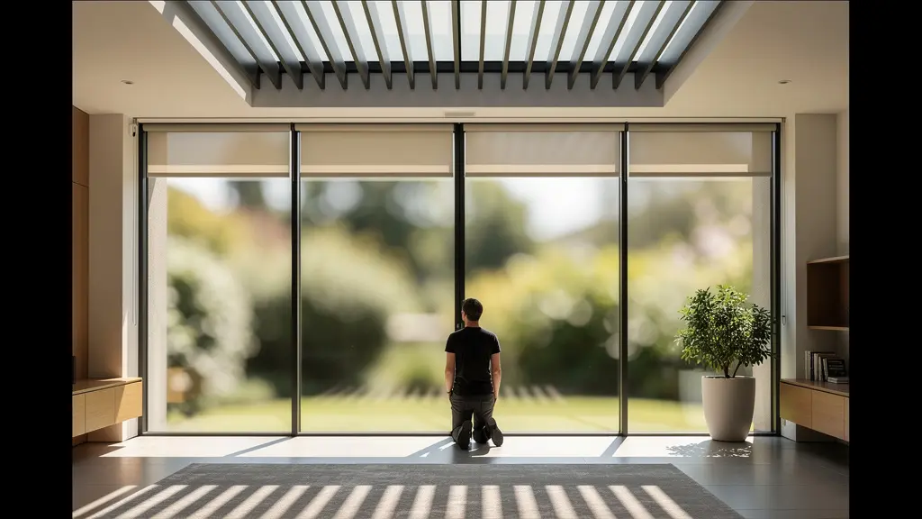 Grandes baies vitrées avec casquettes solaires et protection architecturale contre le soleil d'été