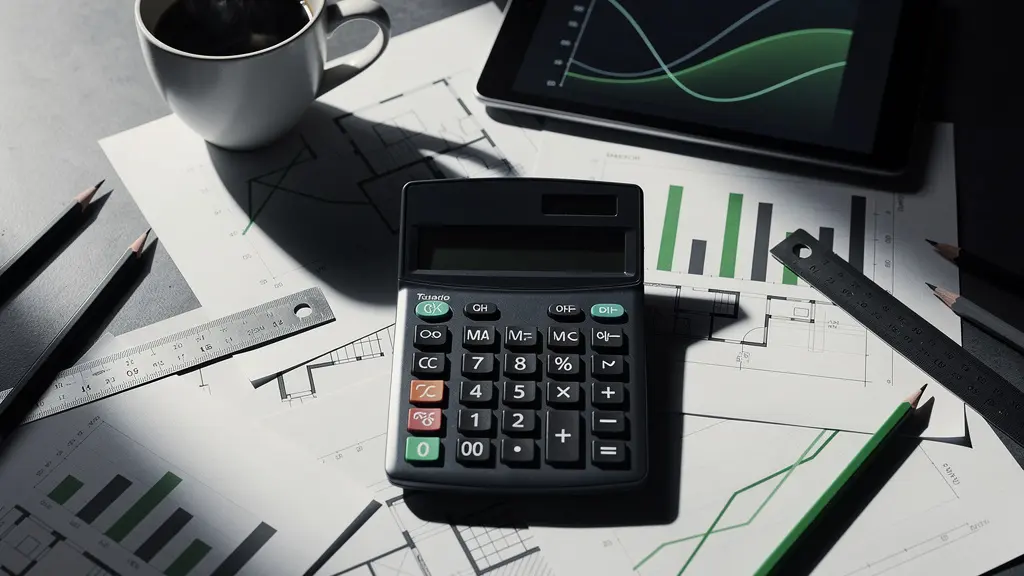 Calculatrice et graphiques de rentabilité sur bureau avec plans de rénovation