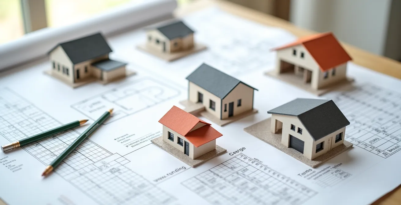 Schéma architectural montrant les différentes surfaces d'une maison avec garage et terrasse