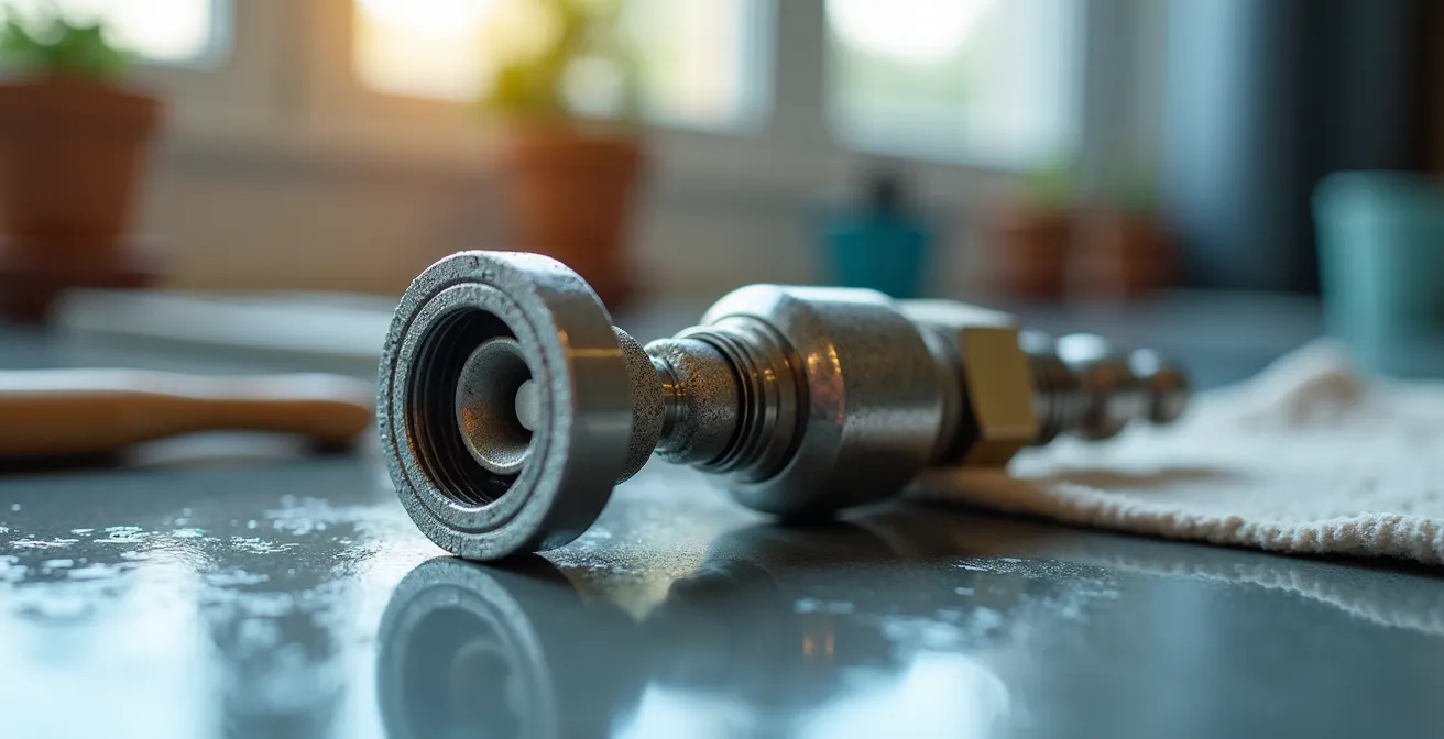 Gros plan sur une cartouche thermostatique démontée avec traces de calcaire visible et outils d'entretien