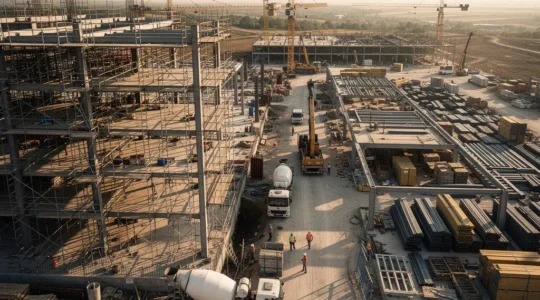 Vue aérienne d'un chantier de construction montrant la complexité des interactions entre différents corps de métier