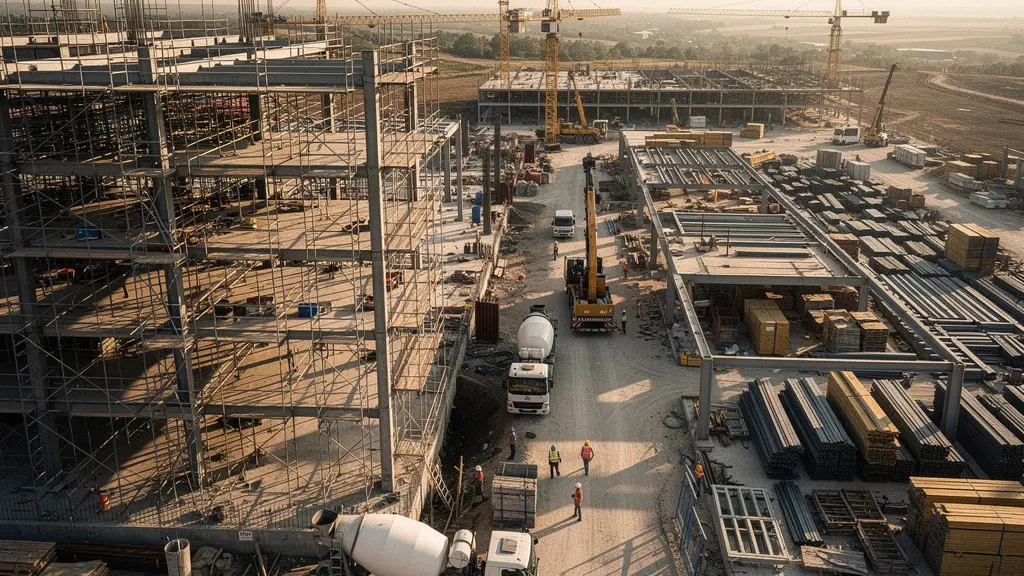 Vue aérienne d'un chantier de construction montrant la complexité des interactions entre différents corps de métier