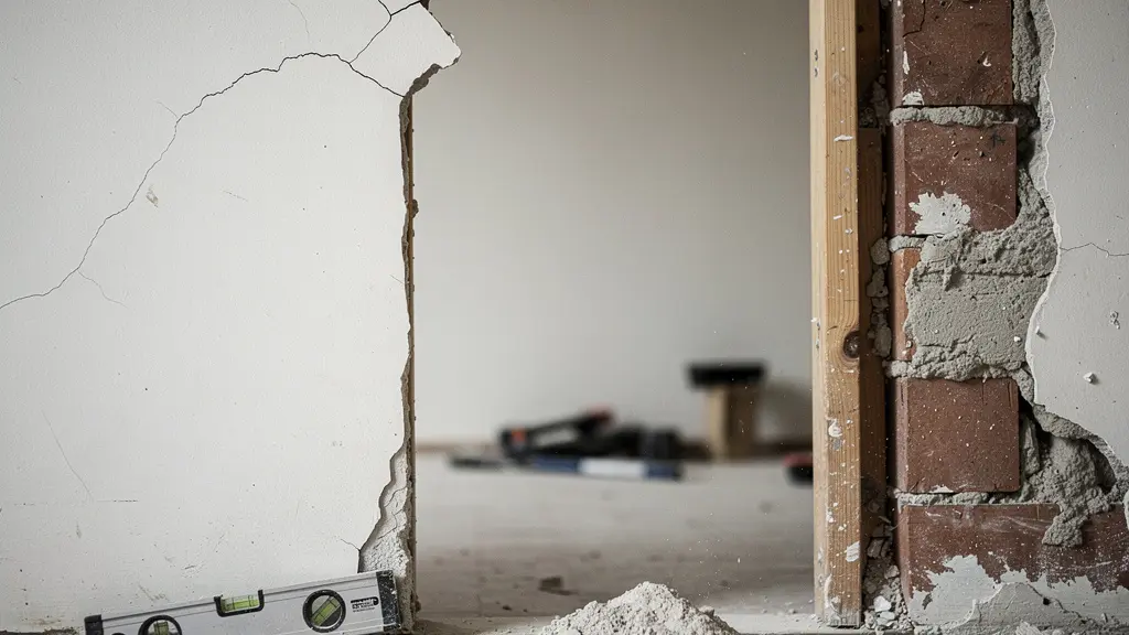 Plafond en plâtre avec une fissure fine au-dessus d'une cloison partiellement déposée, illustrant un risque structurel lors de travaux en appartement.