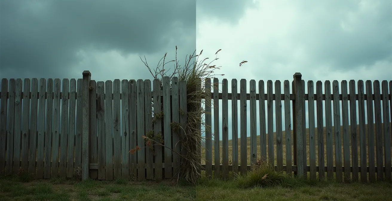 Comparaison visuelle entre une clôture pleine subissant une forte pression du vent et une clôture persiennée laissant l'air circuler et restant stable.