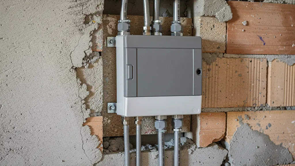 Coffret électrique neuf en attente de raccordement sur chantier maison neuve