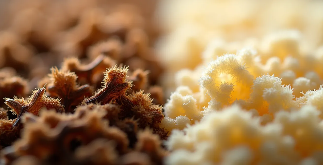 Vue macro comparant les textures de la laine de bois et de la laine de verre
