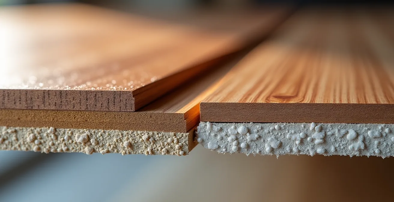 Vue en coupe montrant la différence entre un parquet collé solidaire du support et un parquet flottant avec sous-couche, révélant les micro-mouvements