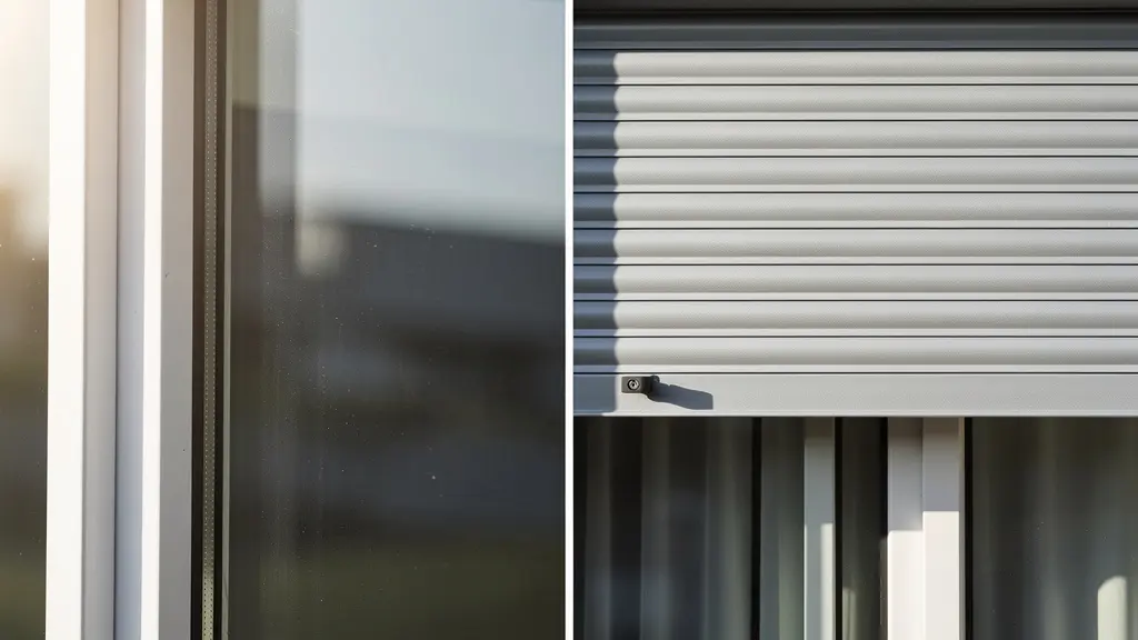 Comparaison visuelle entre une fenêtre avec vitrage feuilleté transparent et un volet roulant moderne sur façade