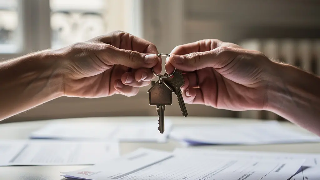 Document de compromis de vente avec maison floue en arrière-plan et mains échangeant des clés