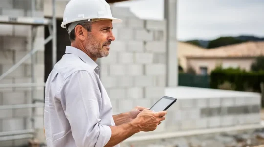 Coordinateur de chantier consultant plans sur tablette devant maison en construction PACA