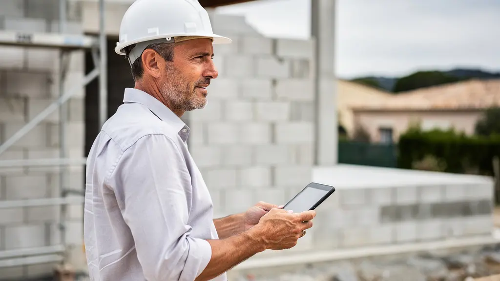 Coordinateur de chantier consultant plans sur tablette devant maison en construction PACA