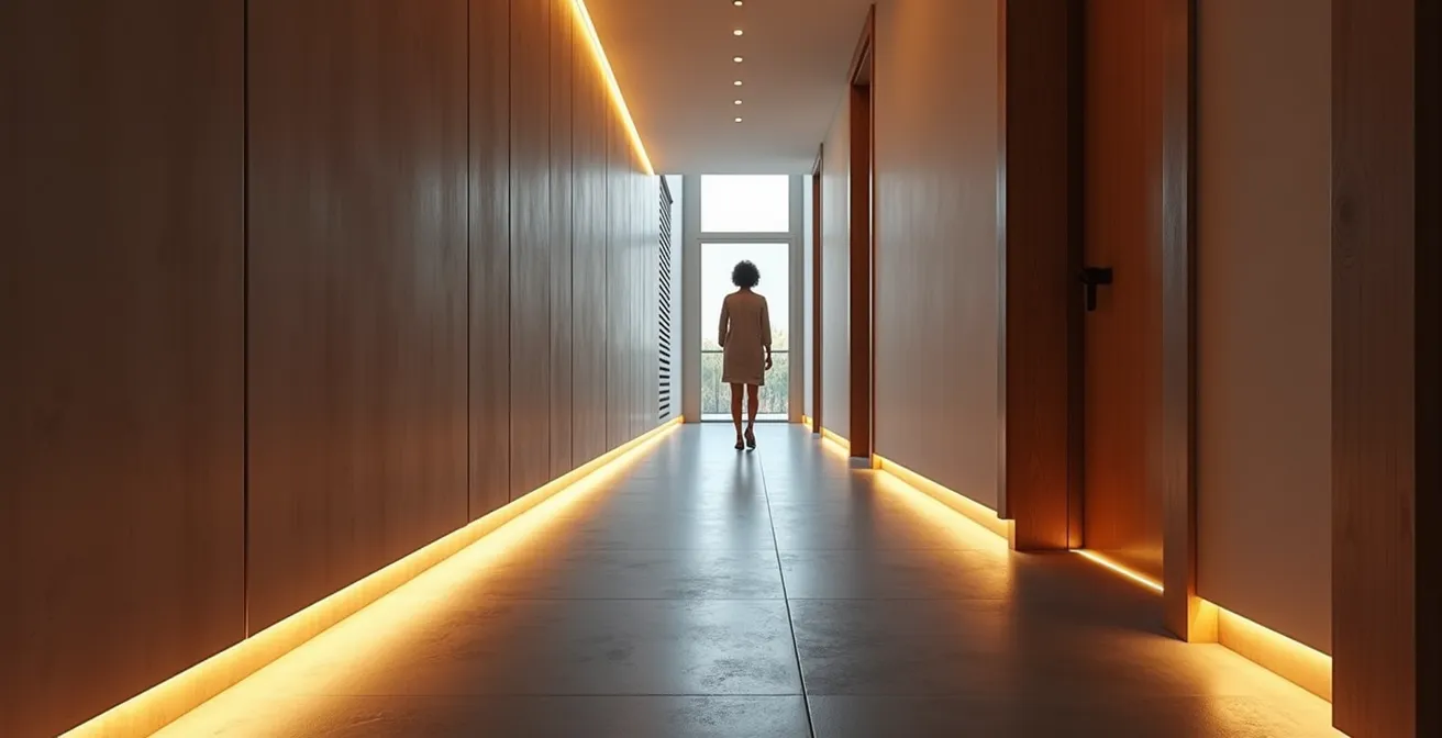 Couloir étroit avec sol foncé et murs clairs créant une perspective élancée