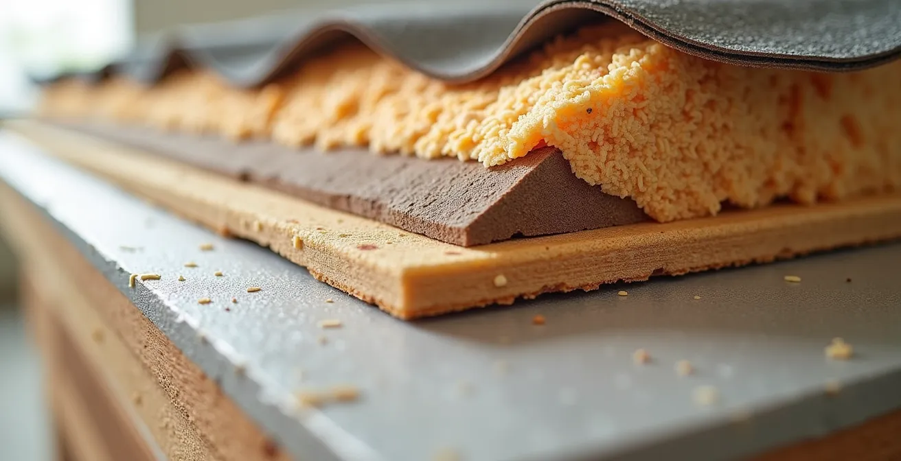 Coupe technique montrant les couches d'isolation en sarking sur une charpente traditionnelle