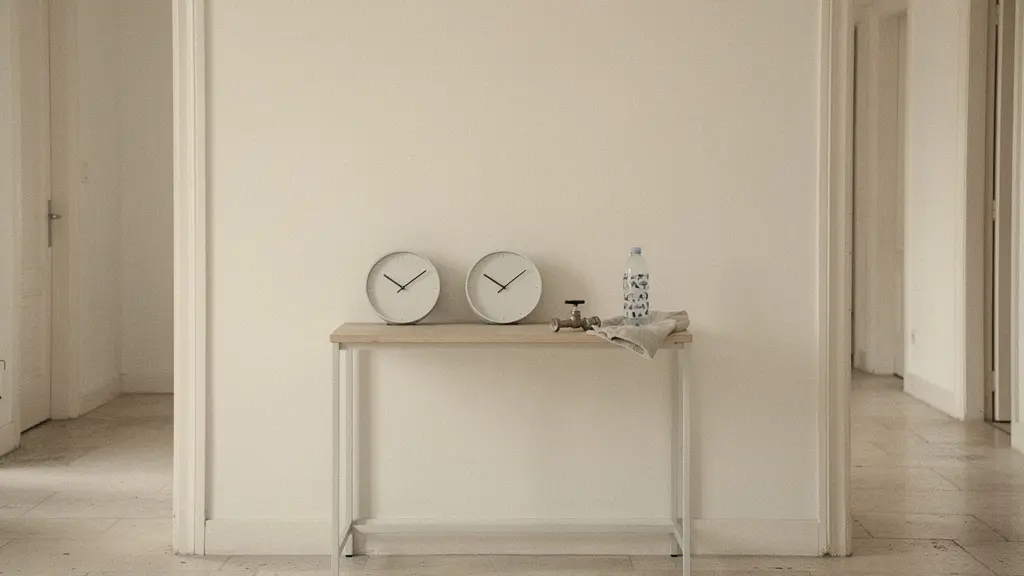 Hall d'immeuble calme avec trois horloges sans chiffres et une bouteille d'eau posée près d'une porte, symbolisant une coupure d'eau annoncée à l'avance.