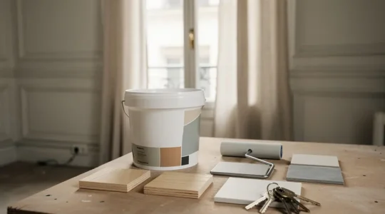 Intérieur d’un appartement ancien en rénovation, avec des matériaux et outils de chantier, suggérant une stratégie d’investissement locatif et de défiscalisation des travaux.
