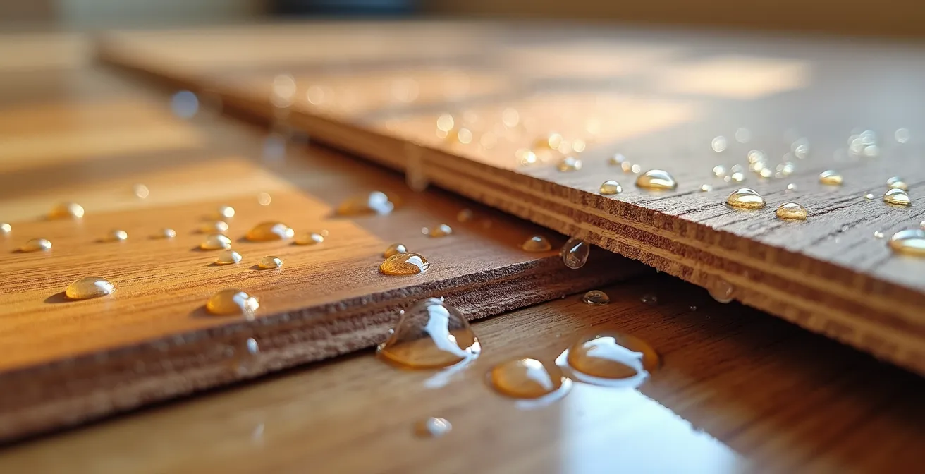 Coupe détaillée montrant l'infiltration d'eau dans les couches d'un parquet flottant