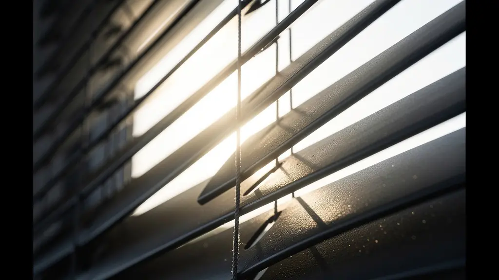 Gros plan artistique sur les lames d'un brise-soleil orientable filtrant la lumière intense du soleil, créant un motif géométrique d'ombres.