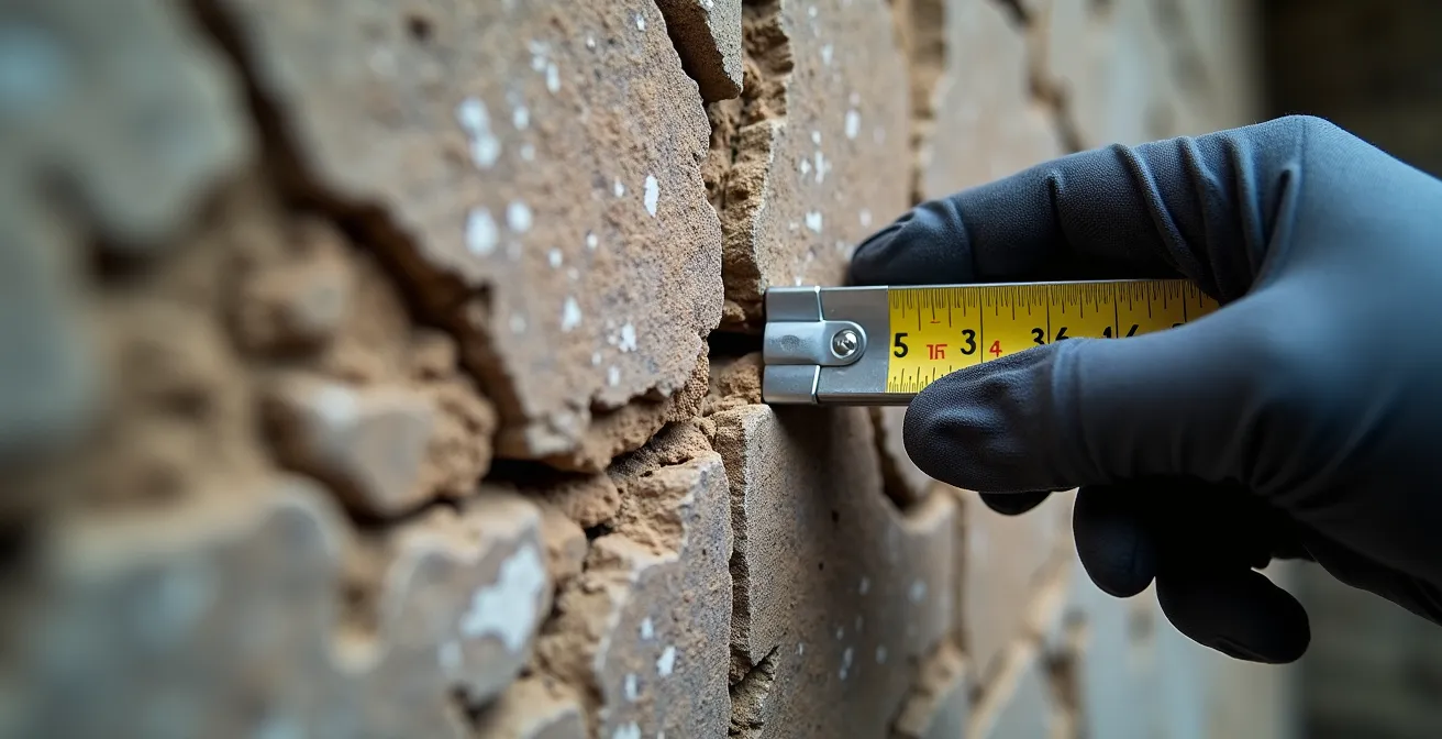 Inspection détaillée de fissures structurelles sur un mur porteur ancien
