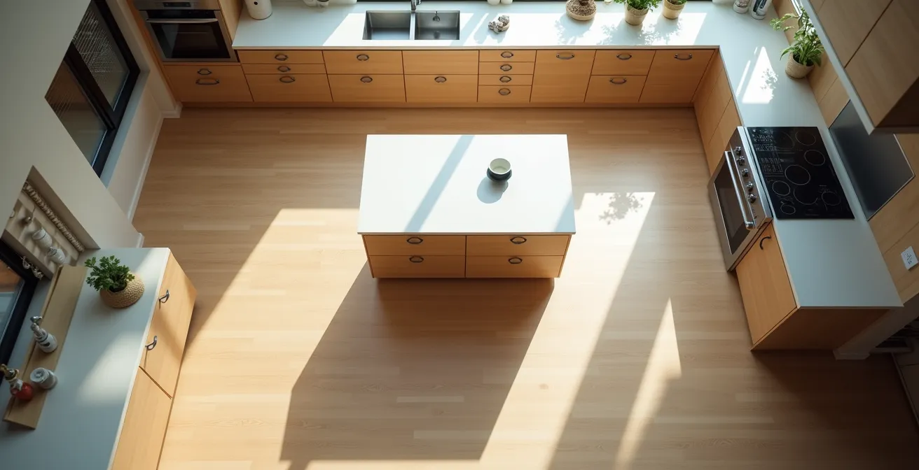 Vue de dessus d'une cuisine avec îlot central montrant les zones de circulation optimales
