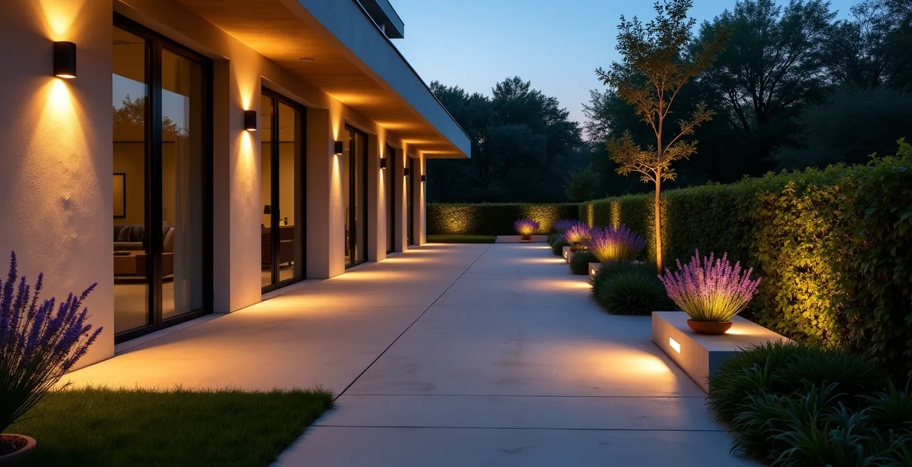 Terrasse avec éclairage ambré chaleureux et zones d'ombre créant une atmosphère lounge