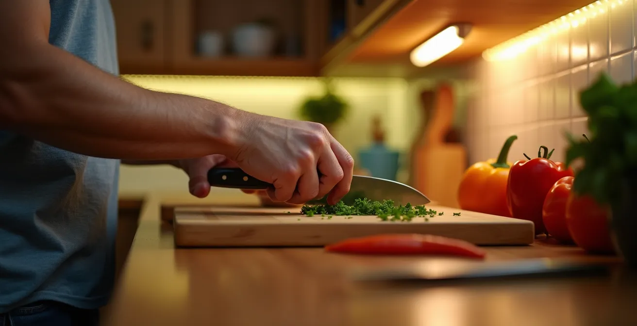 Gros plan sur un plan de travail de cuisine avec éclairage LED intégré sous les meubles hauts