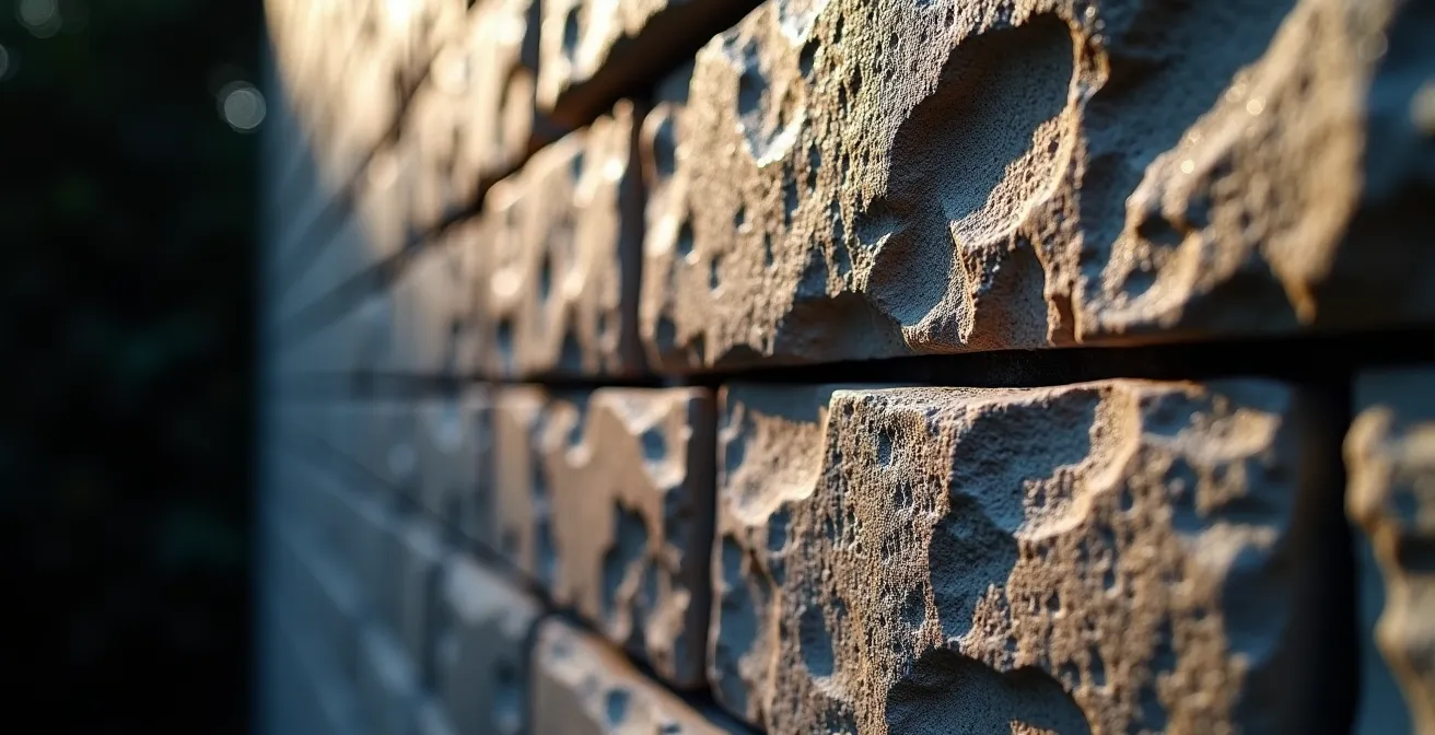 Éclairage rasant LED sur mur de parement en pierre créant des jeux d'ombres dramatiques