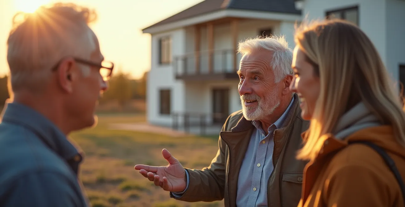 Discussion entre futurs propriétaires et ancien client devant une maison terminée