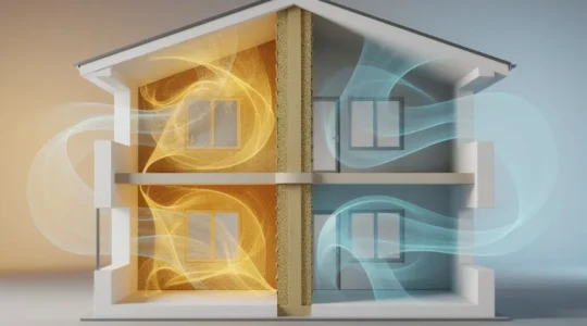 Vue en coupe d'une maison montrant les flux d'air invisibles et l'isolation thermique des murs