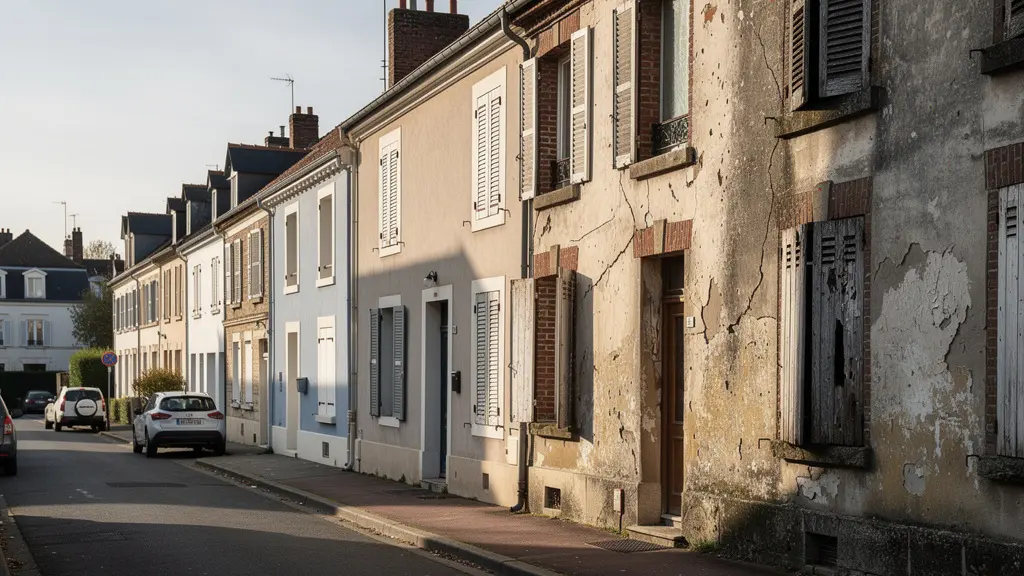 Perspective de maisons alignées montrant un dégradé visuel de l'état et de la modernité, de gauche à droite