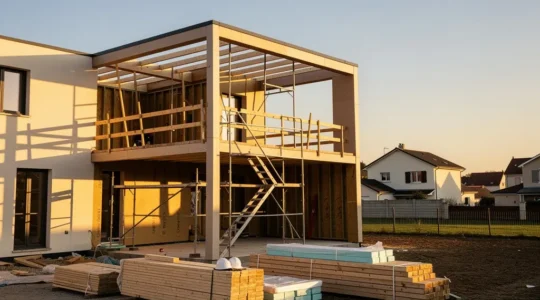 Vue architecturale d'une maison en cours d'extension avec gros œuvre visible et documents administratifs flous à l'arrière-plan