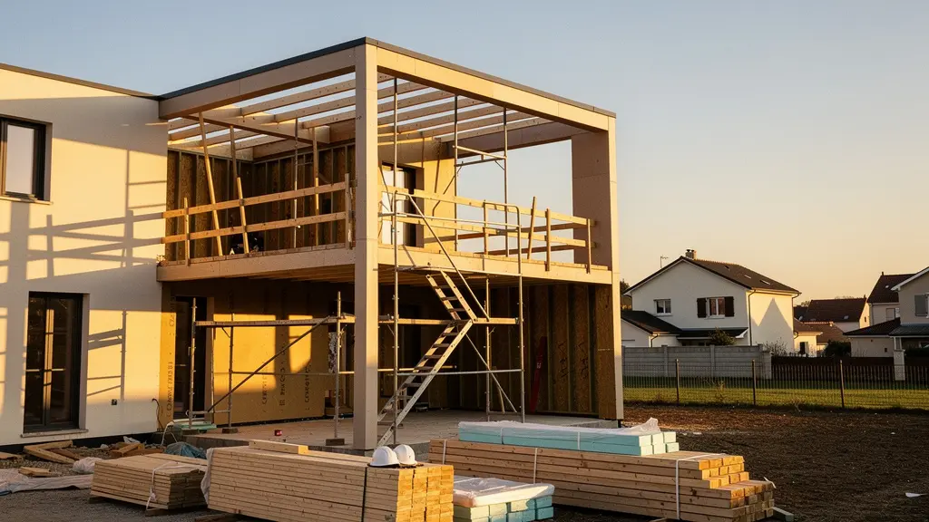 Vue architecturale d'une maison en cours d'extension avec gros œuvre visible et documents administratifs flous à l'arrière-plan