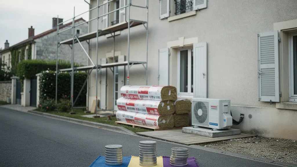 Maison individuelle en France en cours de rénovation énergétique avec une pompe à chaleur installée, suggérant le cumul d’aides financières sans montrer de documents.