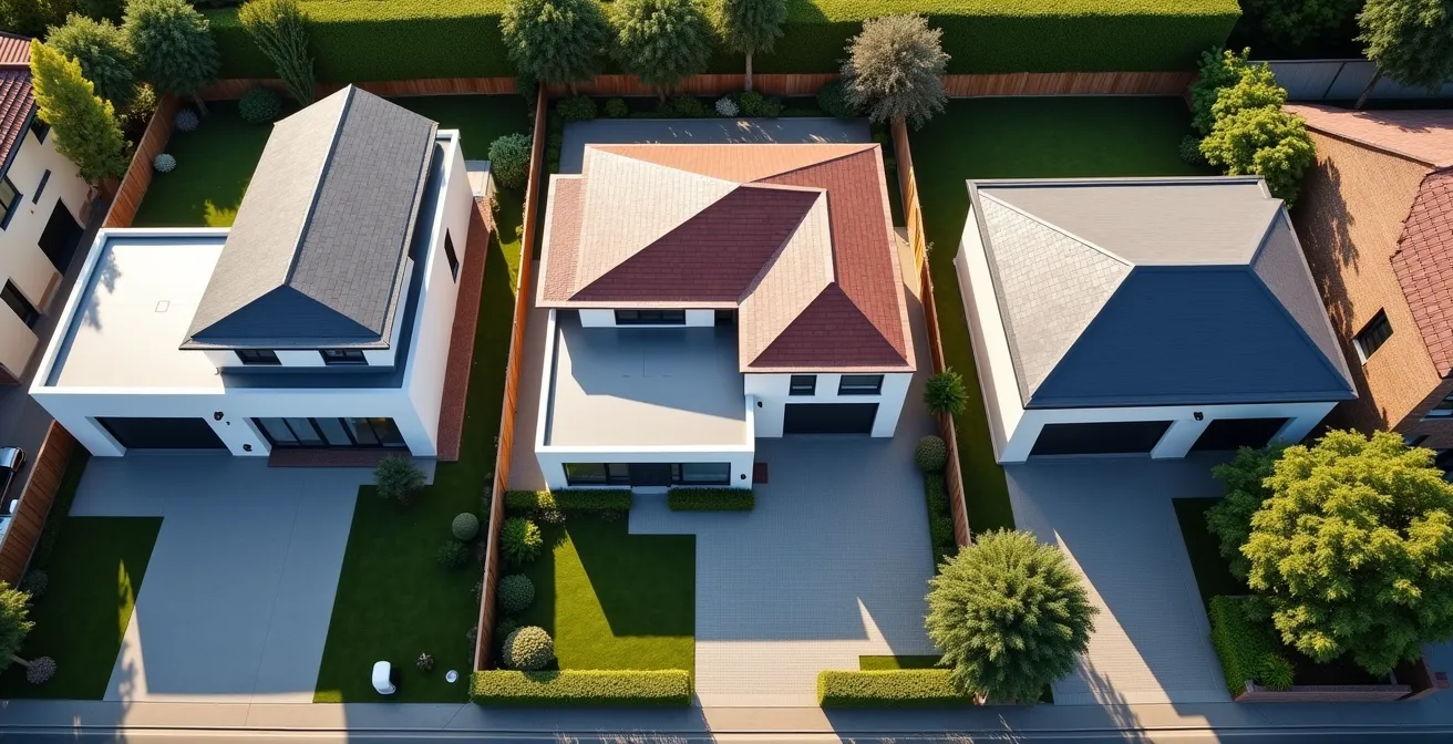 Vue aérienne montrant trois types d'extensions de maison : cube moderne, extension en L et surélévation