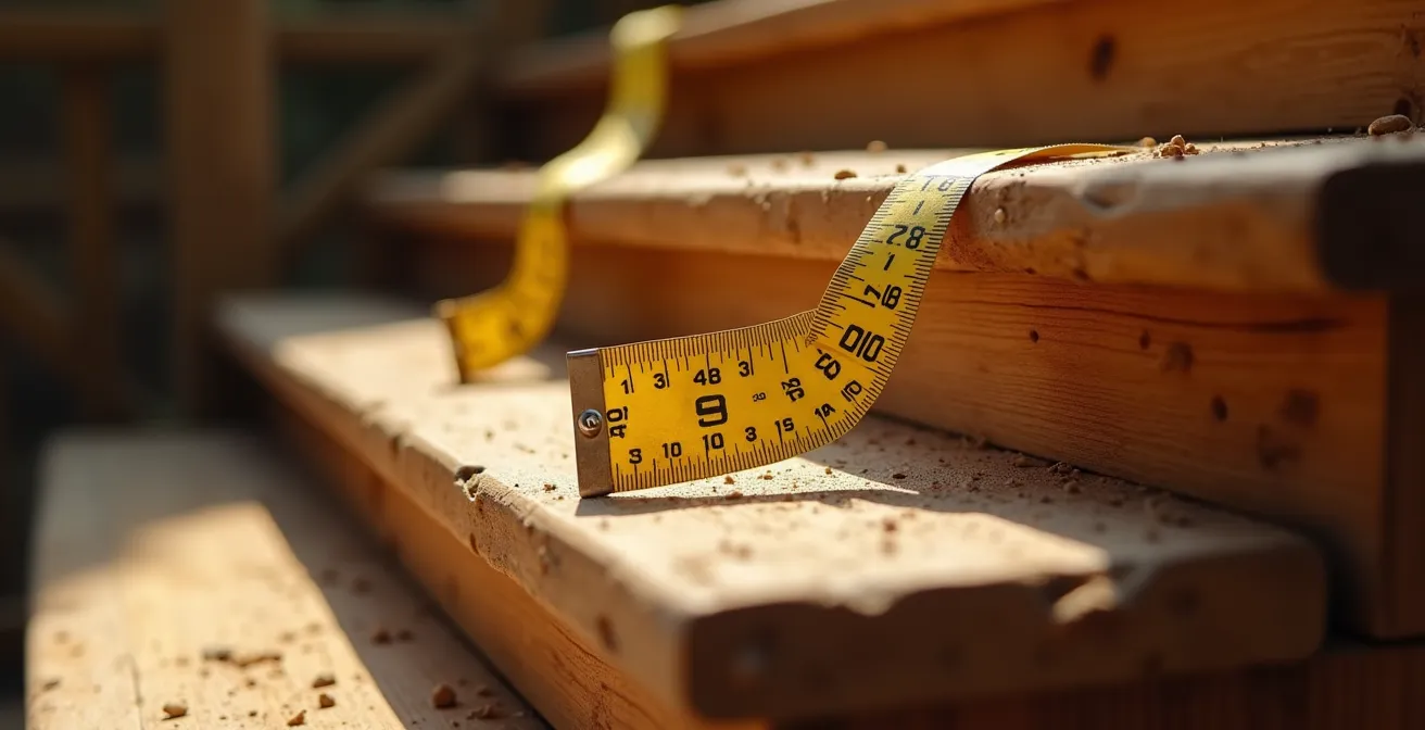 Gros plan sur les marches d'un escalier avec mesures de hauteur et giron visibles