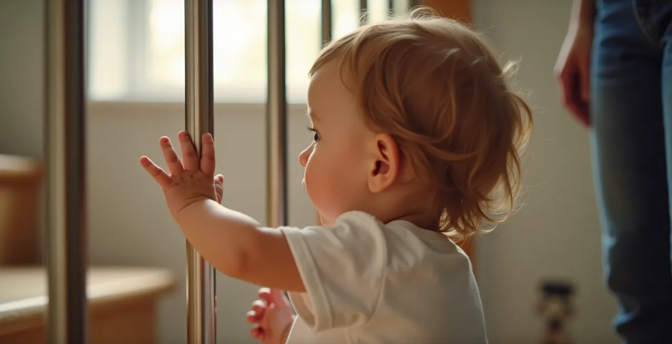 Plan rapproché d'un garde-corps avec barreaux verticaux et main d'enfant qui ne peut pas passer au travers