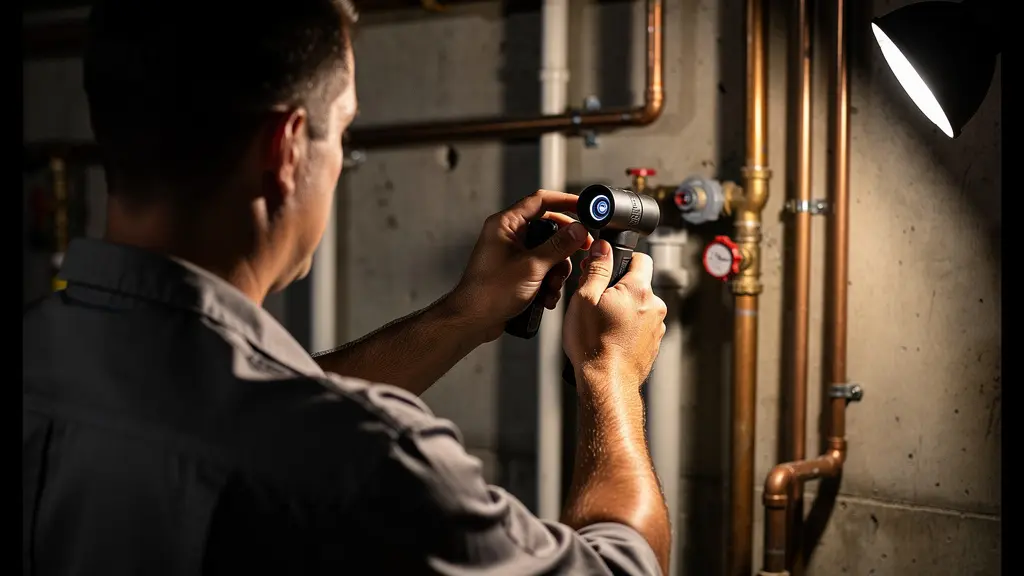 Technicien utilisant une caméra d'inspection dans des canalisations anciennes