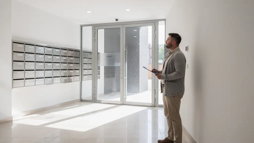 Membre du conseil syndical inspectant avec une checklist les finitions d'un hall d'entrée rénové