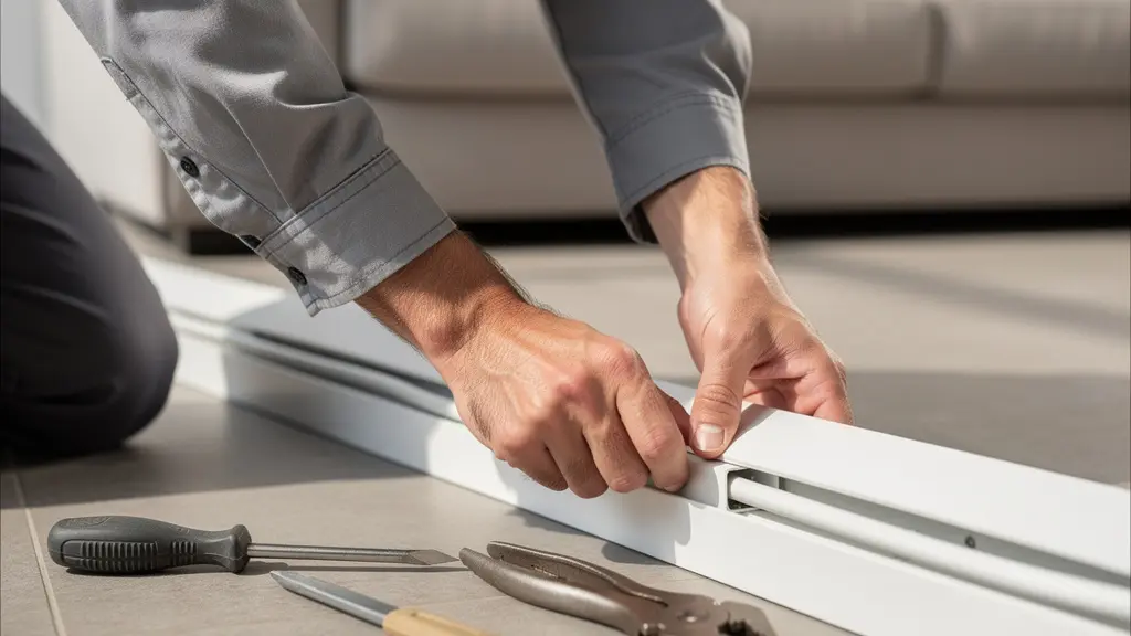 Installation de goulottes électriques le long d'un mur dans un salon moderne