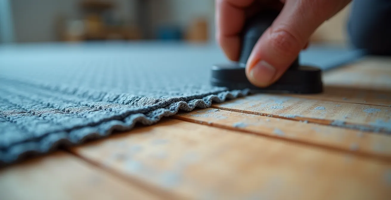 Pose d'une membrane d'étanchéité sur plancher bois avant carrelage