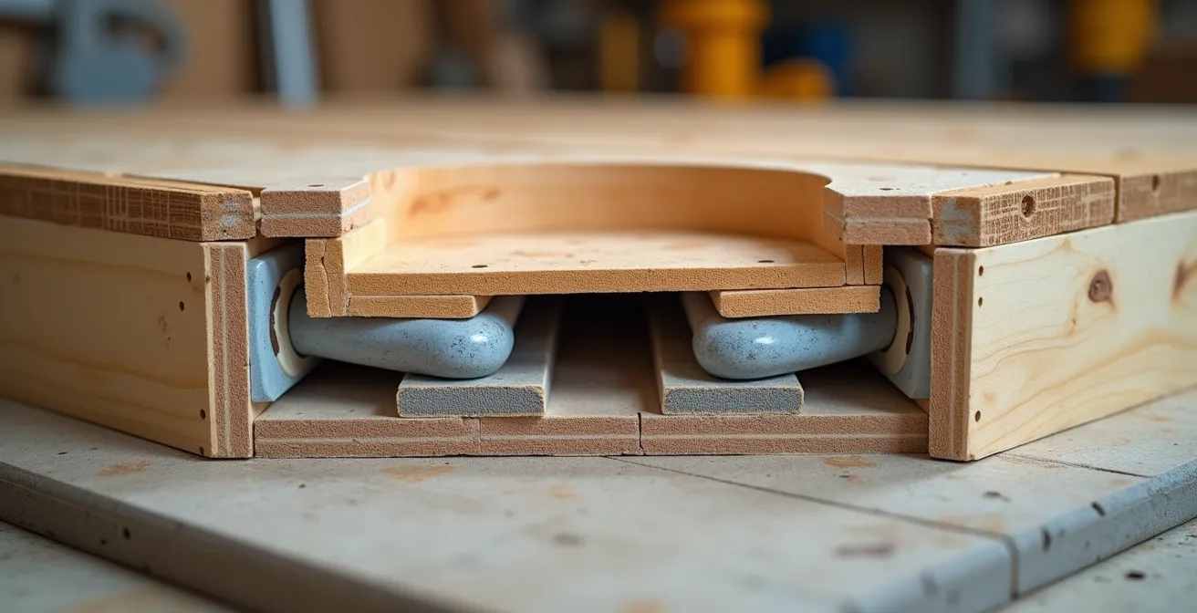 Vue en coupe d'un plancher technique en ossature bois avec passage de canalisations