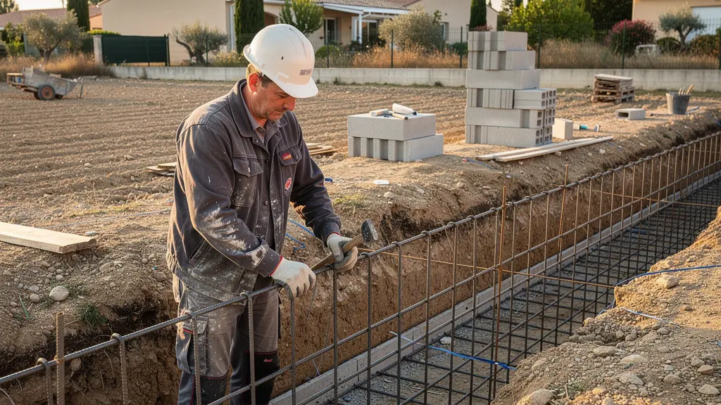 Maçon travaillant sur fondations maison individuelle chantier Provence